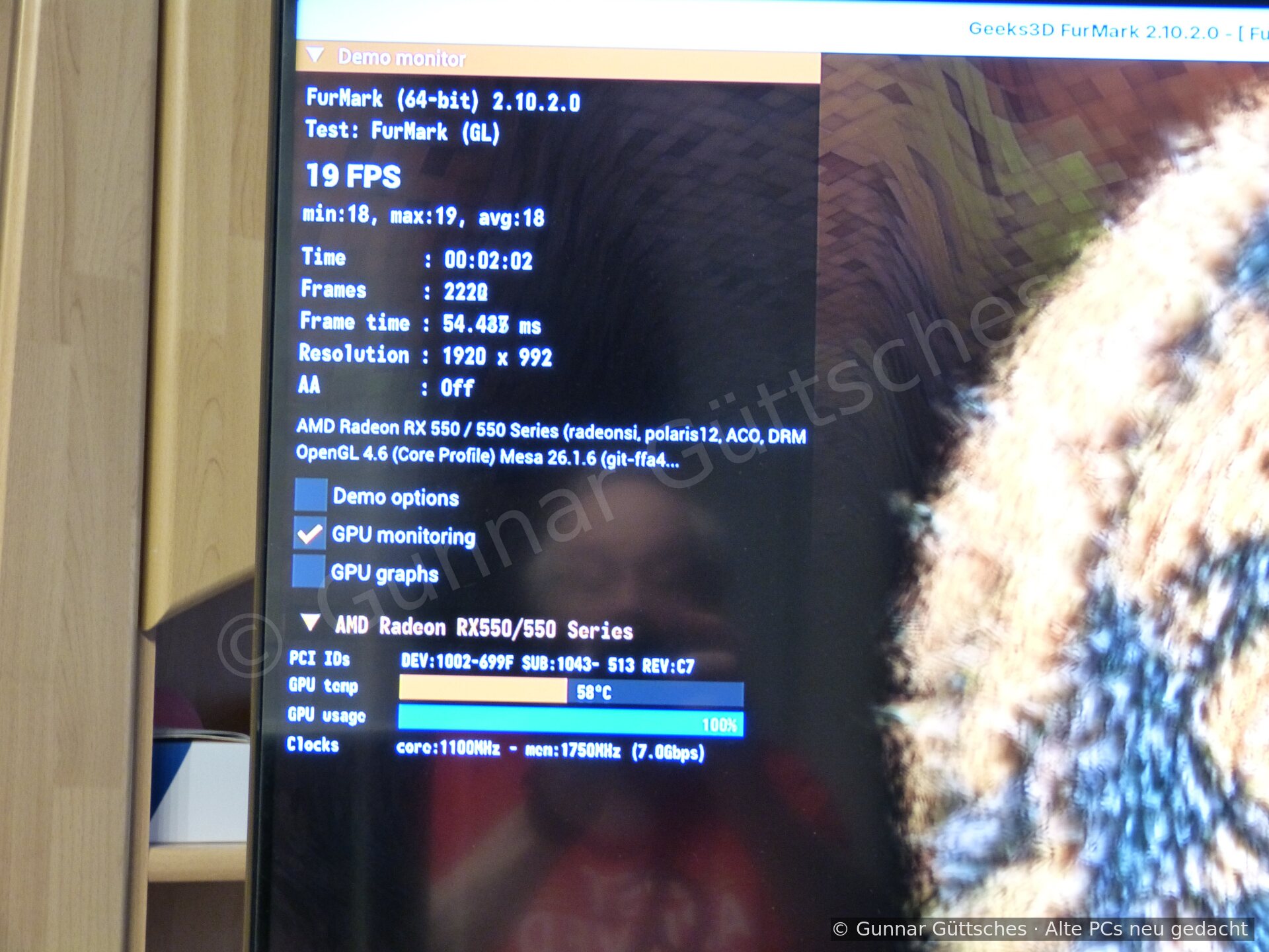 FurMark-Test der Radeon RX 550 bei 100 Prozent Auslastung und 58 Grad Celsius