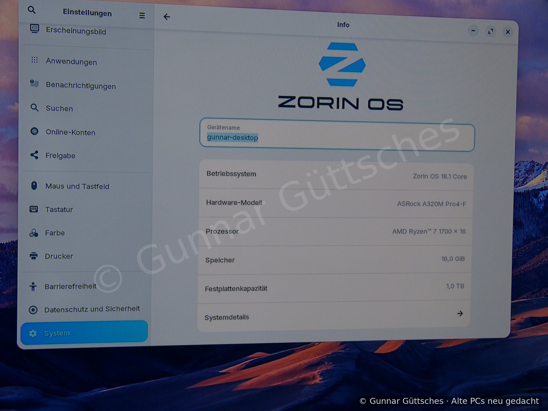 Zorin-Systeminformationen mit ASRock A320M Pro4-F, Ryzen 7 1700, 16 GB und 1 TB Speicher