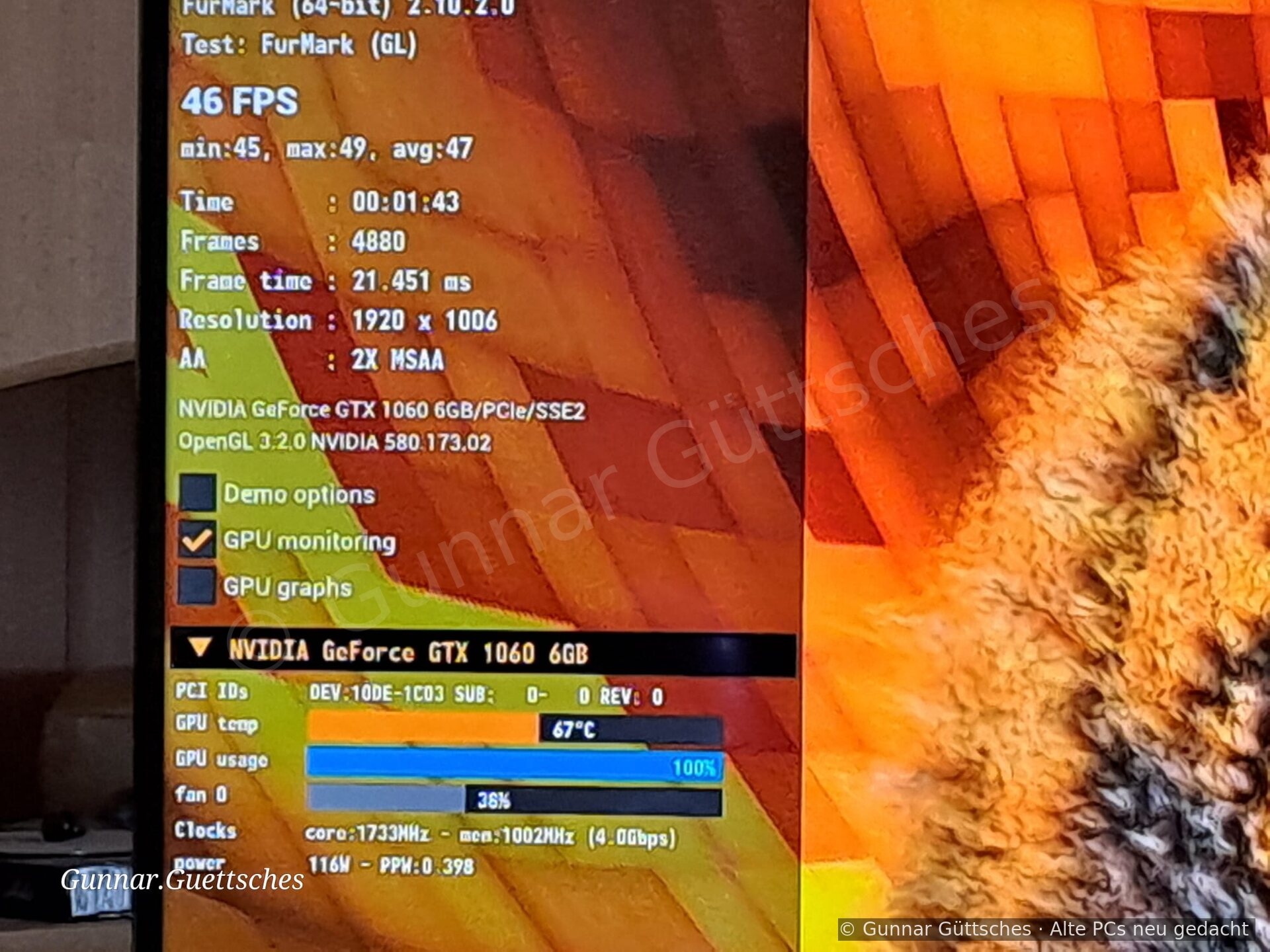 FurMark-Test der GTX 1060 mit 100 Prozent Auslastung bei 67 Grad Celsius