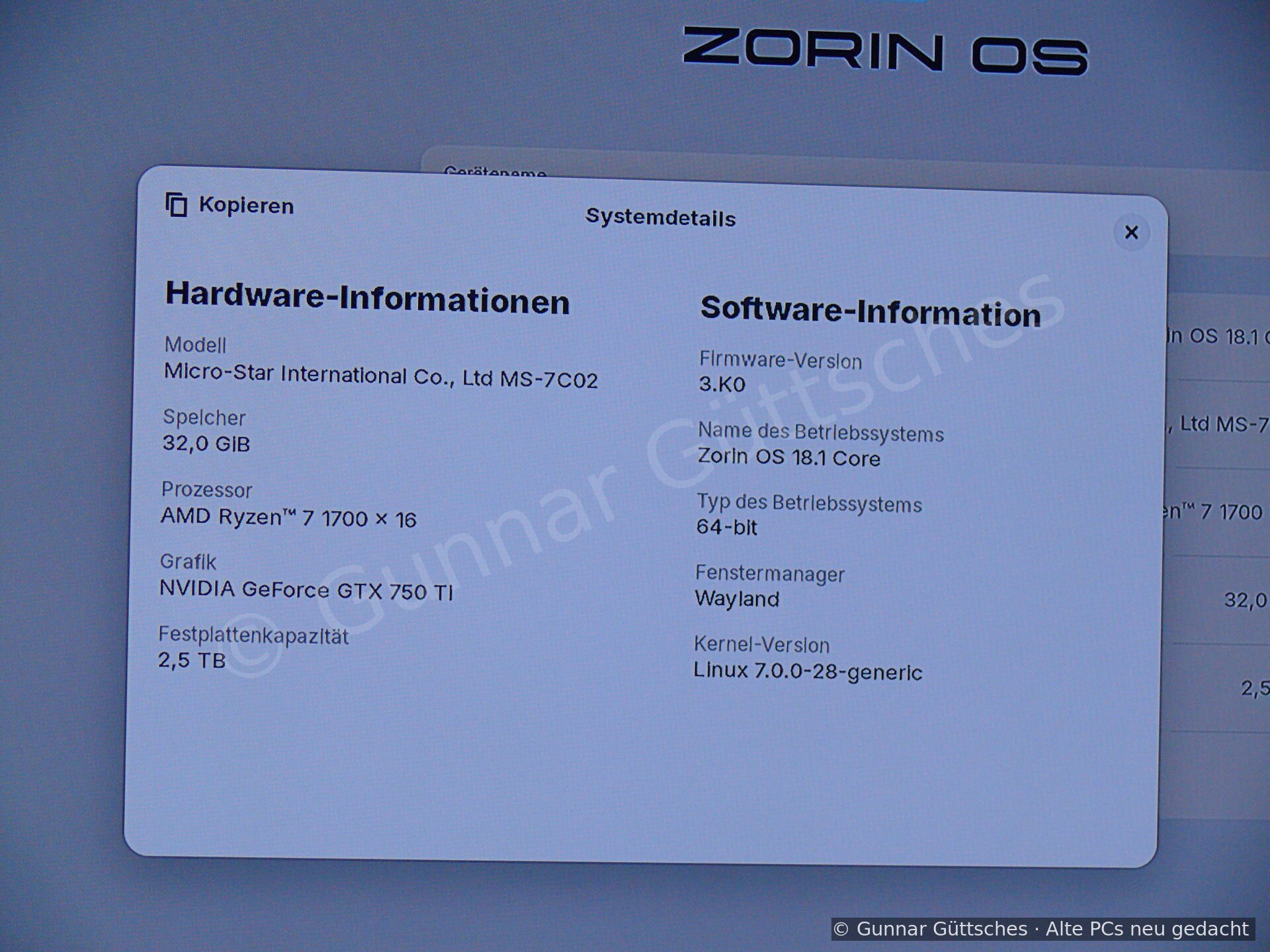 Zorin-Systemdetails mit Ryzen 7 1700, 32 GB, GTX 750 Ti und 2,5 TB Speicher