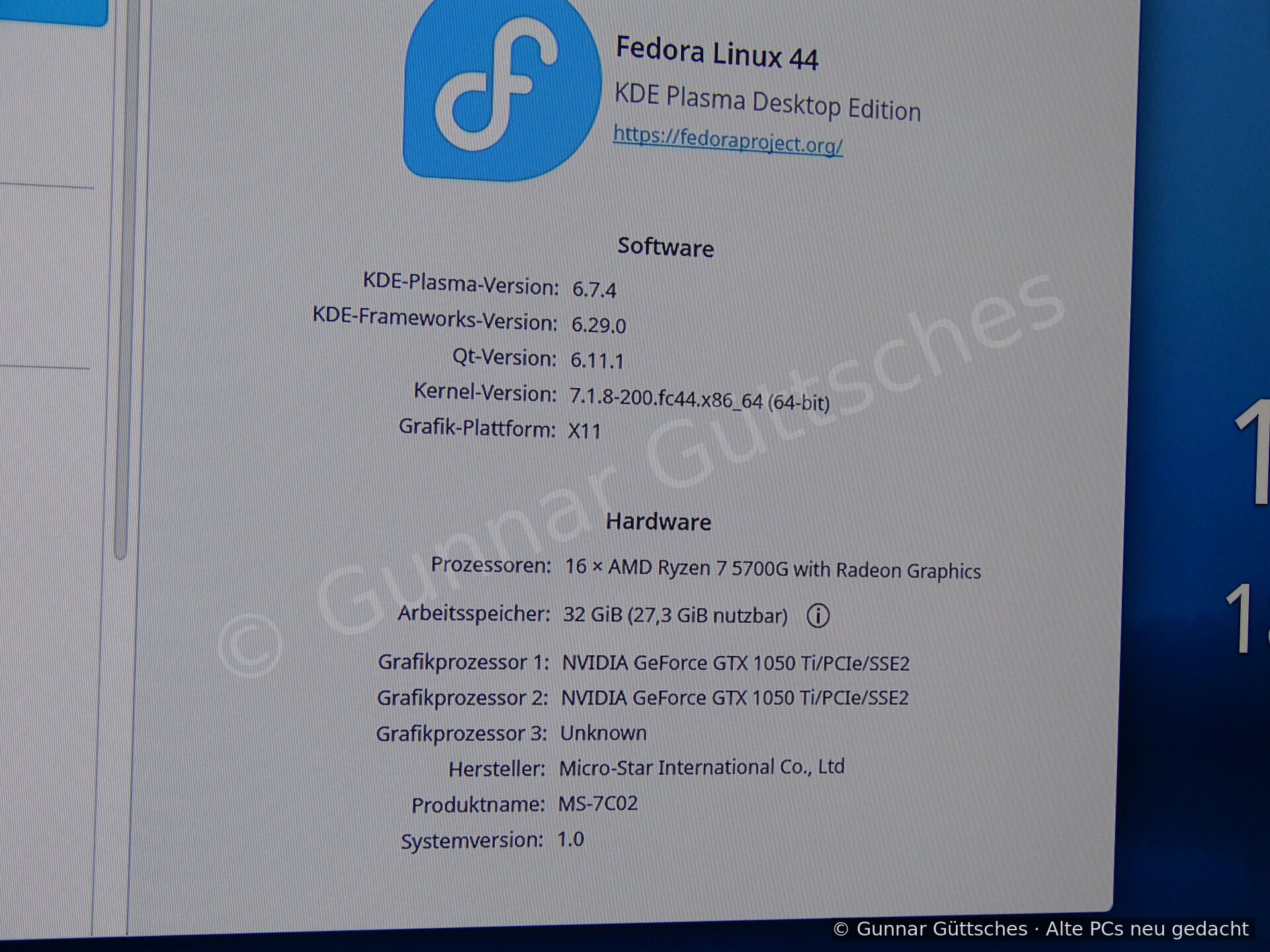 Fedora-44-Systeminformationen mit Ryzen 7 5700G, 32 GB und GTX 1050 Ti