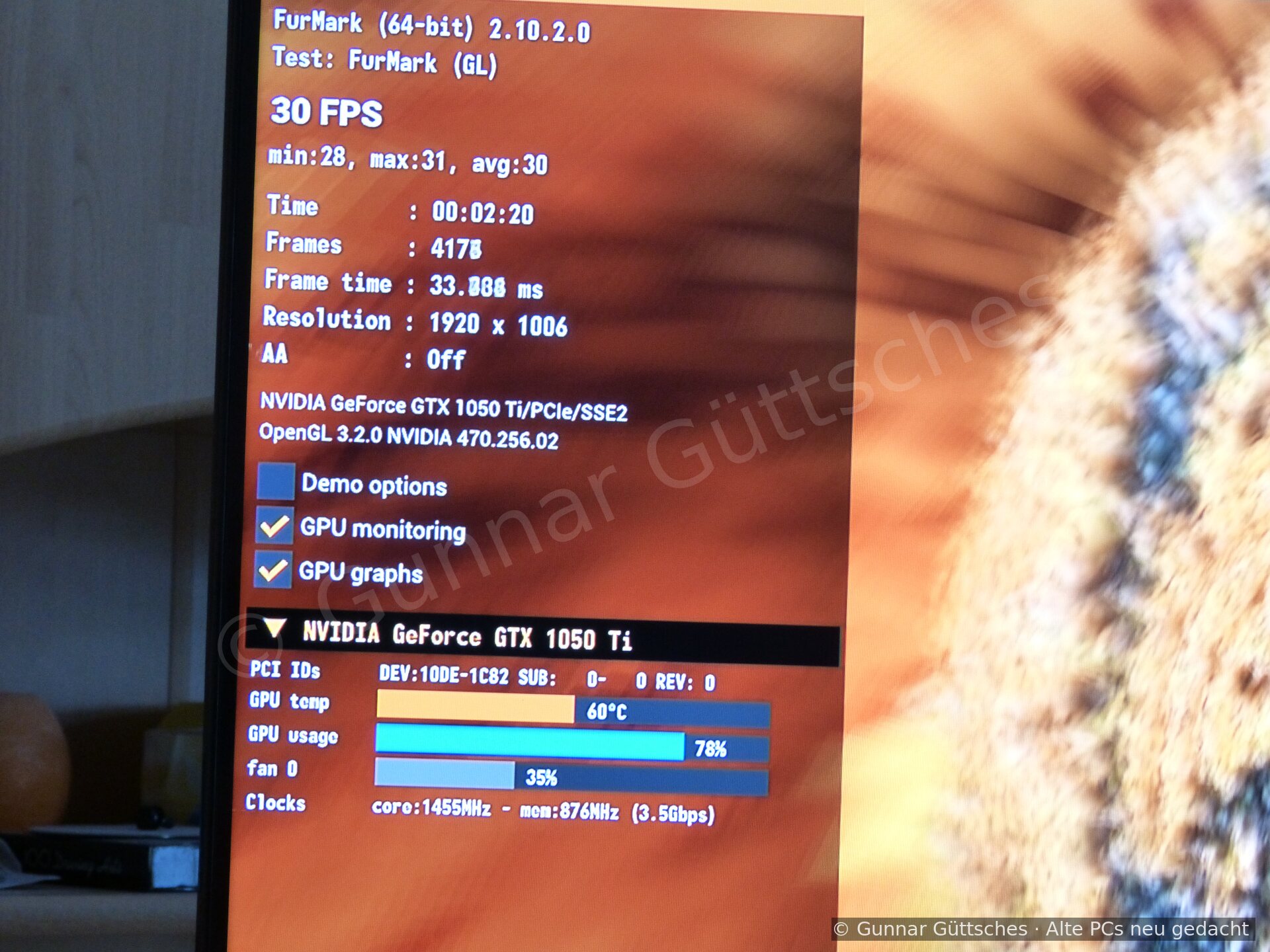 FurMark-Test der GTX 1050 Ti mit 30 Bildern pro Sekunde und 60 Grad Celsius