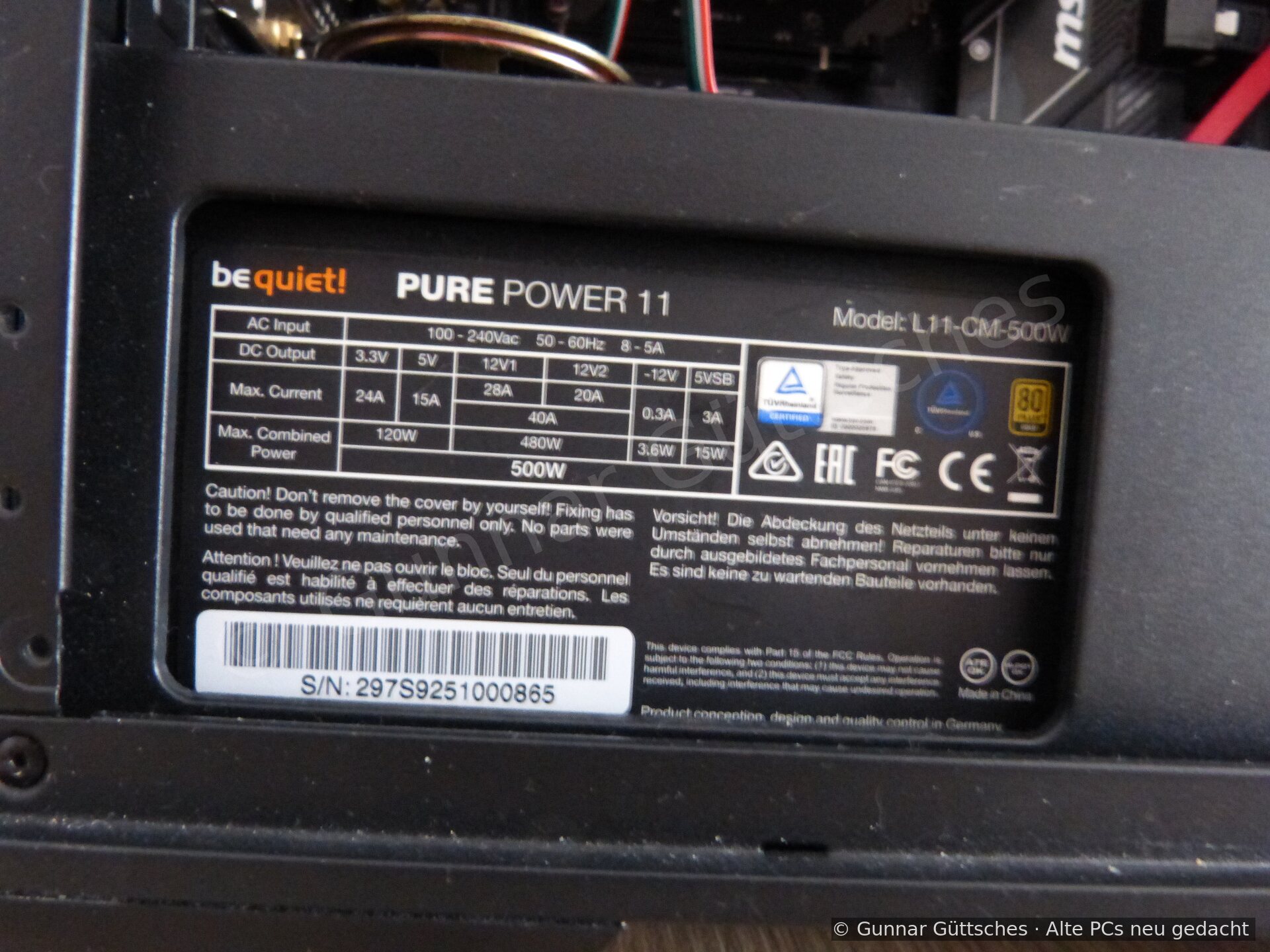 Typenschild des be quiet Pure Power 11 Netzteils mit 500 Watt
